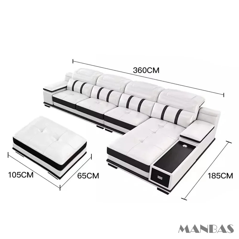 Modern Genuine Leather Sofa Living Room By MANBAS - Stylish Italian Couch with Bluetooth Speaker, USB & Adjustable Headrests