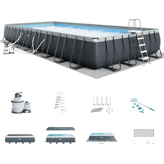 Deluxe Rectangular Above Ground Swimming Pool Set Includes  Sand Filter Pump – Saltwater System – SuperTough Puncture Resistant