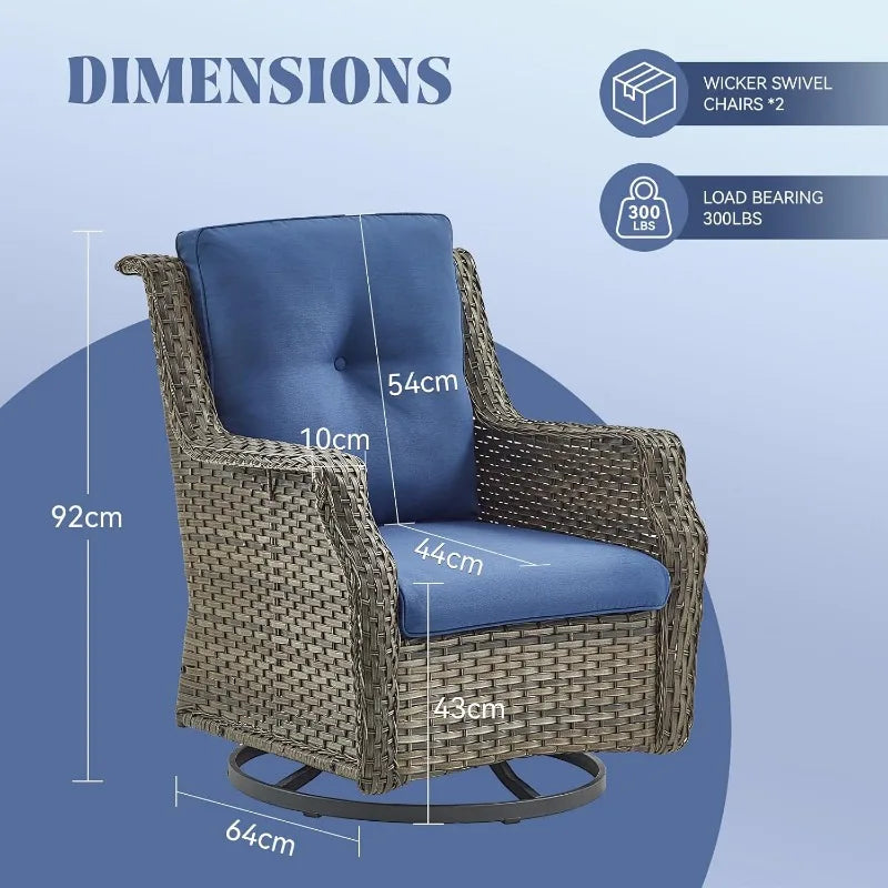 Set of 2 Swivel Glider Patio Chairs with Rattan Side Table 3 Gray Wicker Blue Cushions Patio Conversation Set Garden Balcony