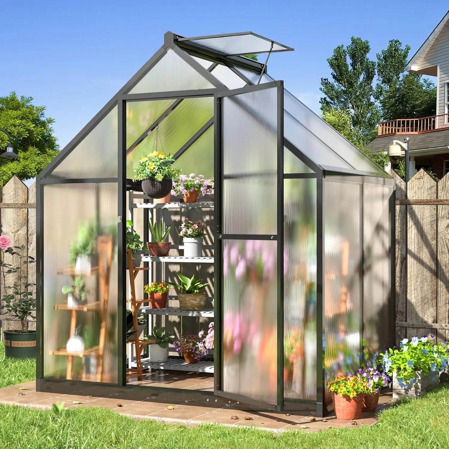 8x14 FT outdoor quick installation structure greenhouse with ventilation windows, aluminum greenhouse in garden backyard