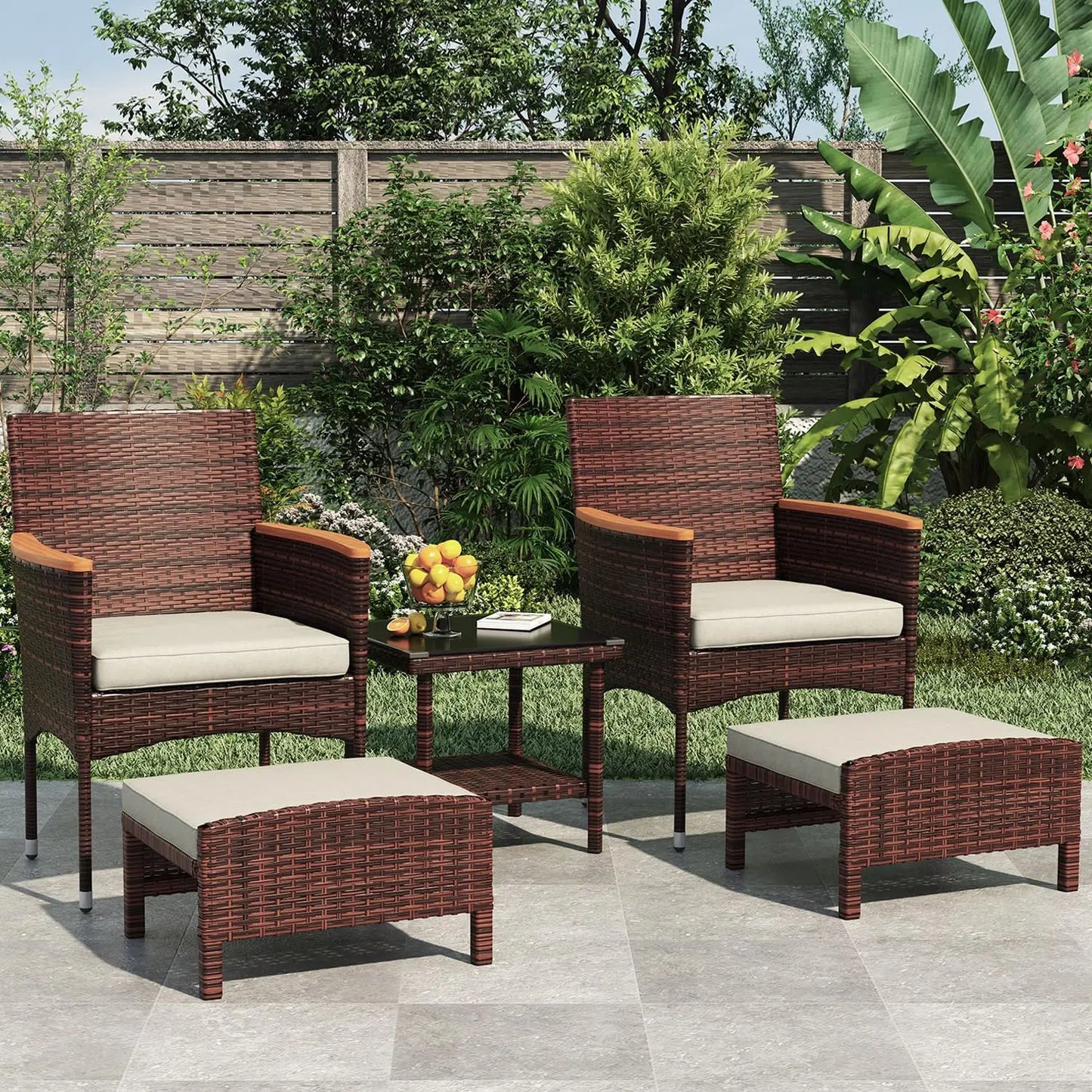 5 PCS Patio Furniture Set with Table & Ottoman Furniture Patio Set Bistro Wicker Patio Set (5PC - 2 Chair + 2 Ottoman + 1 Table)