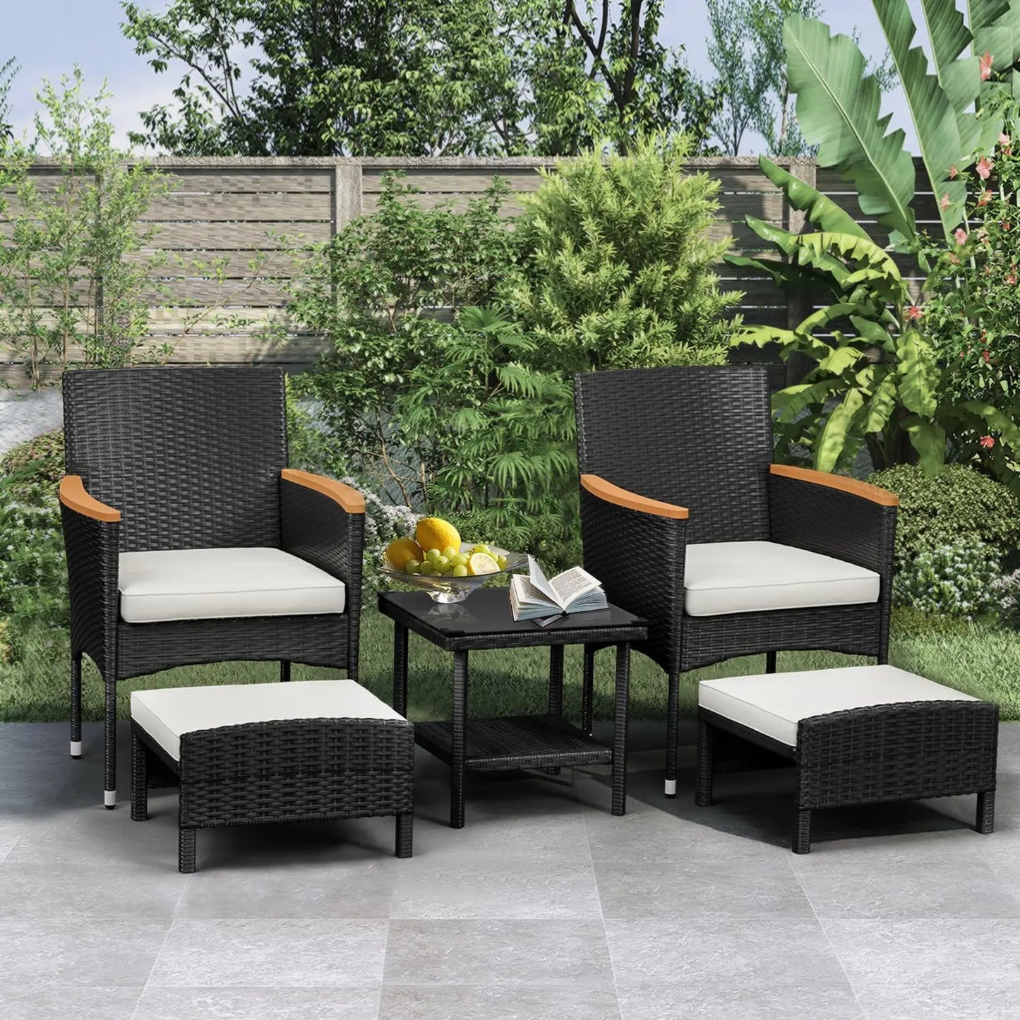 5 PCS Patio Furniture Set with Table & Ottoman Furniture Patio Set Bistro Wicker Patio Set (5PC - 2 Chair + 2 Ottoman + 1 Table)