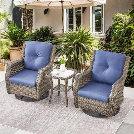 Set of 2 Swivel Glider Patio Chairs with Rattan Side Table 3 Gray Wicker Blue Cushions Patio Conversation Set Garden Balcony