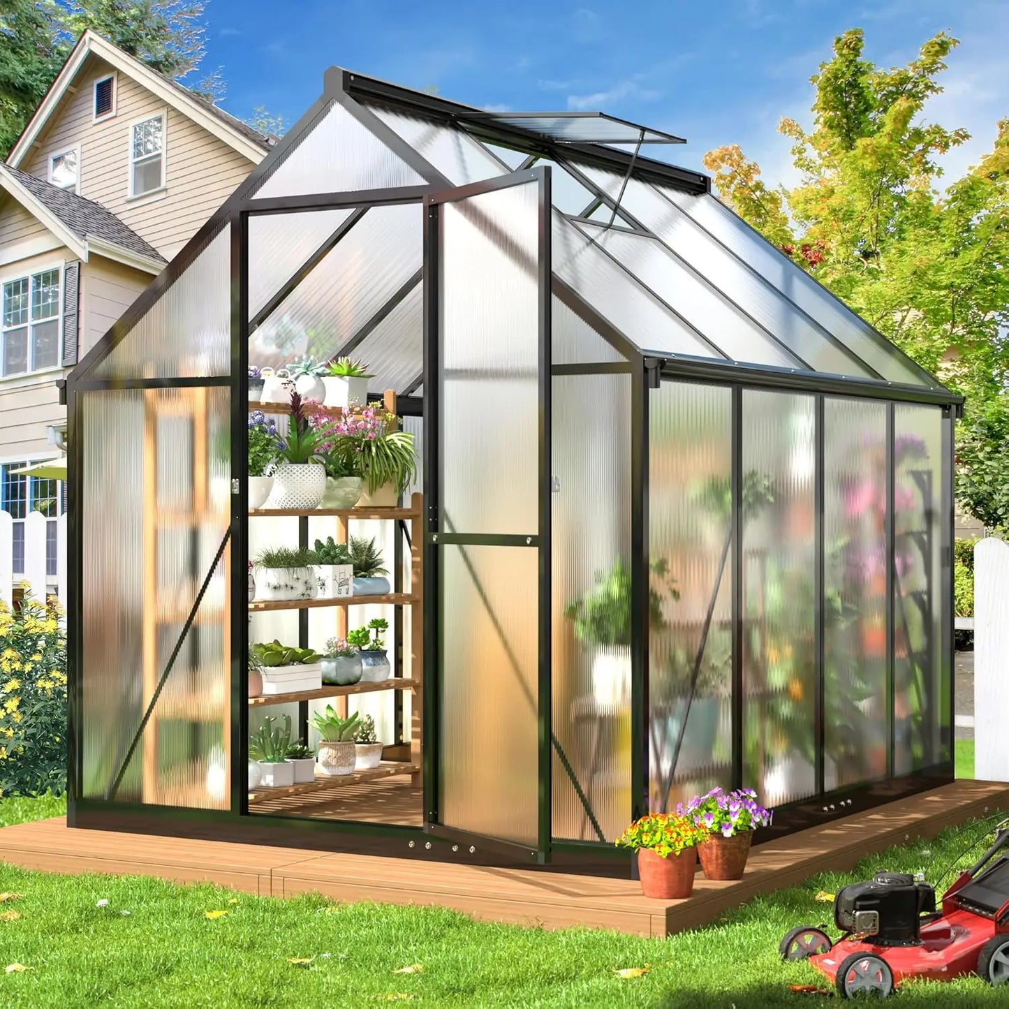 8x14 FT outdoor quick installation structure greenhouse with ventilation windows, aluminum greenhouse in garden backyard