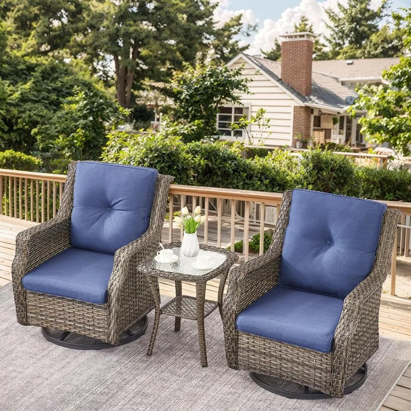 Set of 2 Swivel Glider Patio Chairs with Rattan Side Table 3 Gray Wicker Blue Cushions Patio Conversation Set Garden Balcony