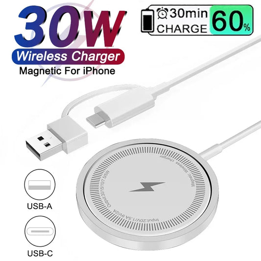 30W Magnetic Wireless Charger For iPhone 15 11 12 13 14 Pro Max USB Type C Fast Charging For Samsung S22 S23 Ultra Plus Charger