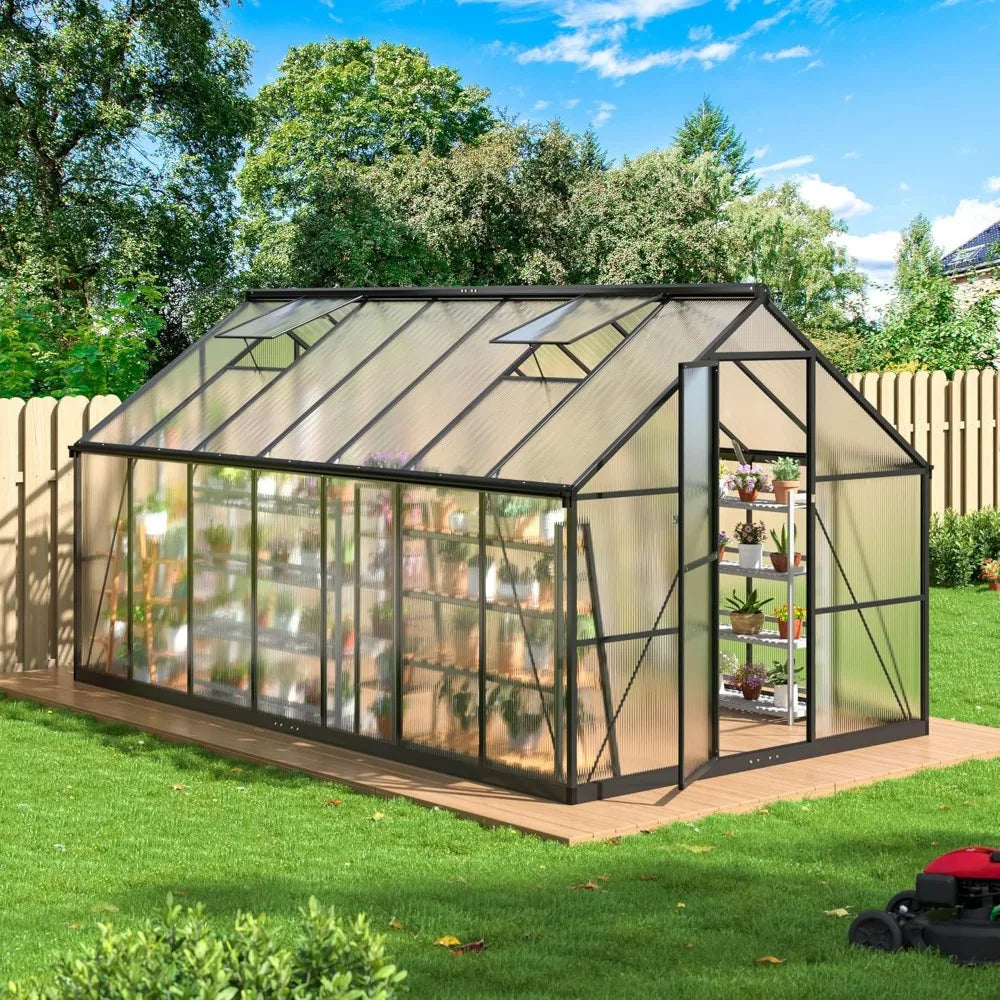 8x14 FT outdoor quick installation structure greenhouse with ventilation windows, aluminum greenhouse in garden backyard