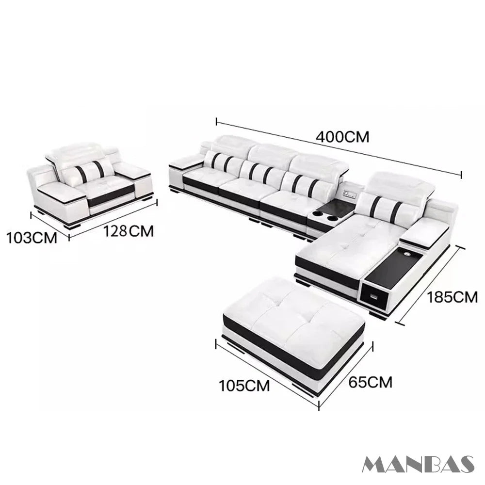 Modern Genuine Leather Sofa Living Room By MANBAS - Stylish Italian Couch with Bluetooth Speaker, USB & Adjustable Headrests