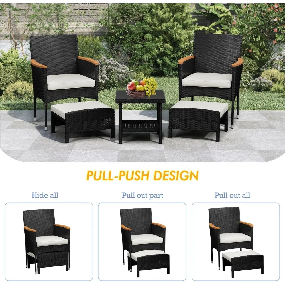 5 PCS Patio Furniture Set with Table & Ottoman Furniture Patio Set Bistro Wicker Patio Set (5PC - 2 Chair + 2 Ottoman + 1 Table)