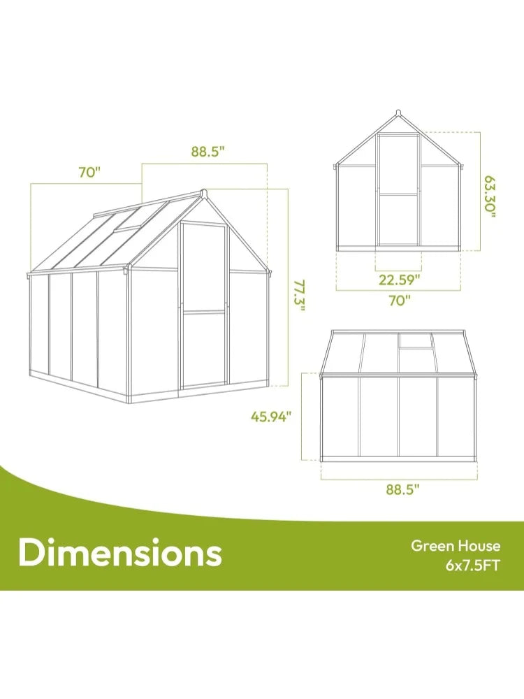 6x7.5 FT Greenhouse for Outdoors, Polycarbonate Greenhouse with Quick Setup Structure and Roof Vent, Aluminum Large