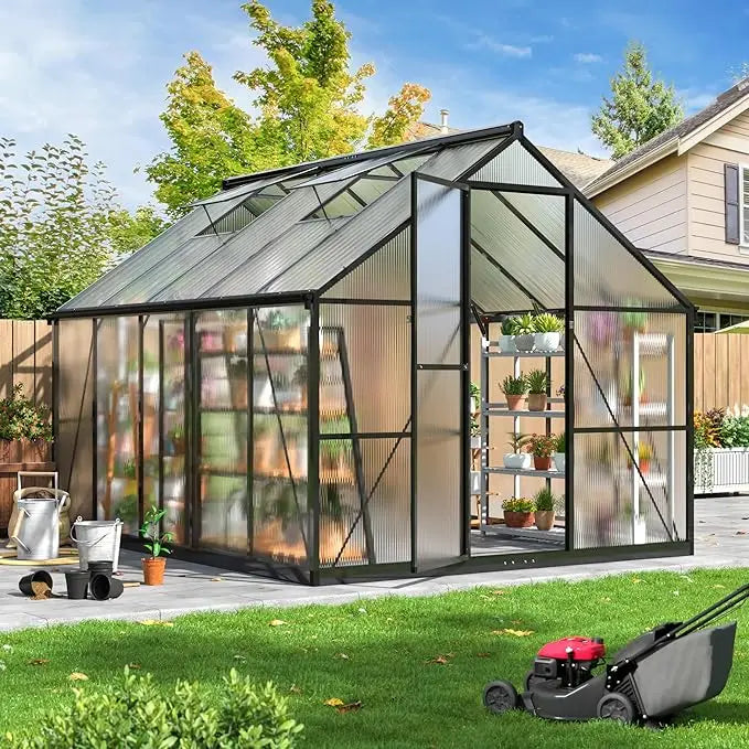 8x14 FT outdoor quick installation structure greenhouse with ventilation windows, aluminum greenhouse in garden backyard