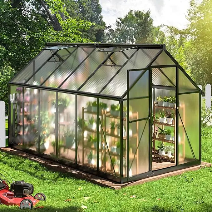 8x14 FT outdoor quick installation structure greenhouse with ventilation windows, aluminum greenhouse in garden backyard