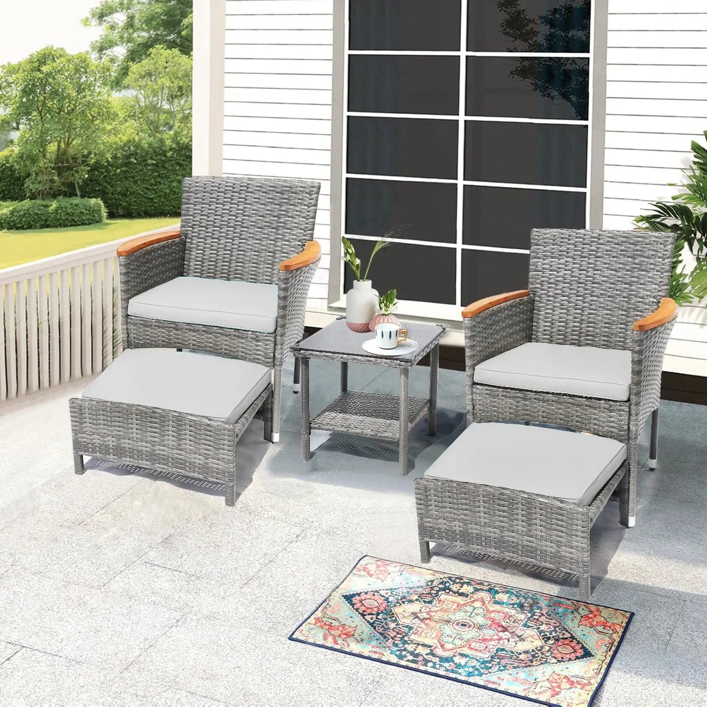 5 PCS Patio Furniture Set with Table & Ottoman Furniture Patio Set Bistro Wicker Patio Set (5PC - 2 Chair + 2 Ottoman + 1 Table)