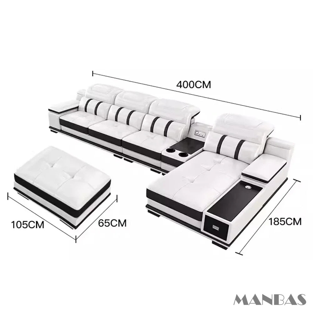 Modern Genuine Leather Sofa Living Room By MANBAS - Stylish Italian Couch with Bluetooth Speaker, USB & Adjustable Headrests